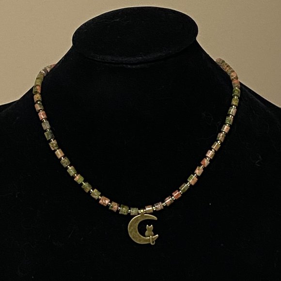 Unakite Stone Bronze Cat on the Moon Necklace, Genuine Gemstone Beaded Necklace - Picture 2 of 9